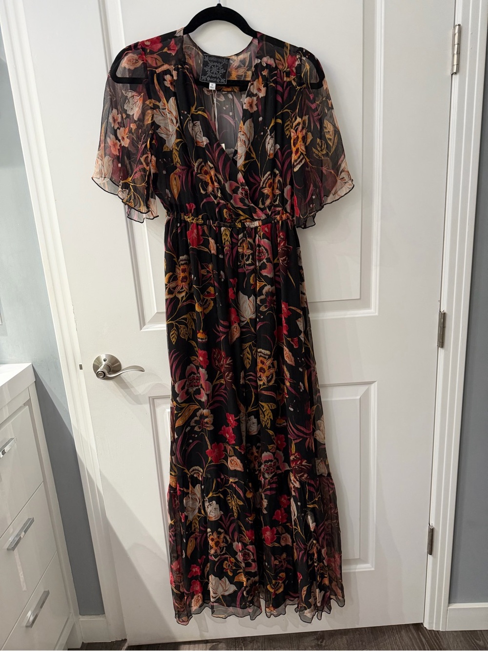 Johnny Was Black Floral Maxi Dress with Red and Gold Accents